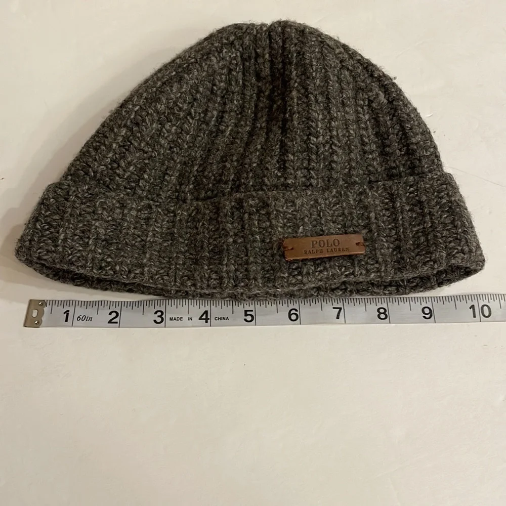 Boys POLO RALPH LAUREN Marino wool beanie hat LOGO leather patch charcoal gray